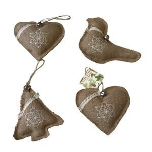Burlap Rustic Country Style Holiday Christmas Ornaments (4) Heart Tree Bird